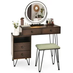 Costway Vanity Table Stool Set Dimmer LED Mirror Large Storage Cabinet Drawer Walnut BlackBrownWhite -Baxton Studio Store GUEST cac71478 b83d 4a7d 9b3b f15773bb69de