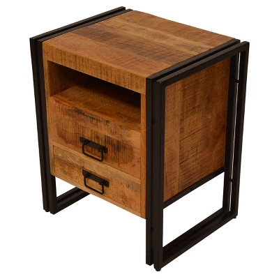 2 Drawer Wooden Farmhouse Side Table With Open Cubby And Iron Frame Brown/Black - The Urban Port 4 2 Drawer Wooden Farmhouse Side Table With Open Cubby And Iron Frame Brown/Black - The Urban Port - Image 2
