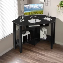 Costway Wooden Corner Desk With Drawer Computer PC Table Study Office Room Black -Baxton Studio Store GUEST cd65f7bf 64bb 481c 9fb9 82806c5b5786
