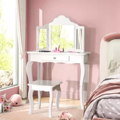 Costway Kid Vanity Table Set With Tri-folding Mirror 2-in-1 Makeup Dressing Table Stool Set -Baxton Studio Store GUEST d22aa830 b841 4bab 8def 711f80e6bda4