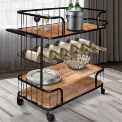 2 Shelves And Metal Frame Bar Cart With Wooden Top Black/Brown - The Urban Port -Baxton Studio Store GUEST d426a312 e912 4021 a554 ab7b41a0eb80