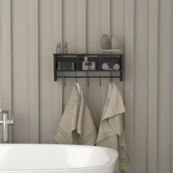 Emma And Oliver Rustic Country Wall Mounted Shelf With 5 Adjustable Sliding Hooks And Three Wire Storage Baskets -Baxton Studio Store GUEST d6031d16 bd73 44e2 97c9 28fda2b0b7c2