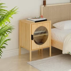 Aash 22.05"H*15.75"W*15.35"D Bamboo Bedside Table With Storage,Bamboo Nightstand With 1 Door And Adjustable Inner Shelves-The Pop Home