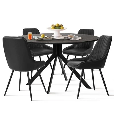 43'' Jones Solid Black Grain Round Dining Table With 4 Upholstered Faux Leather Tiny Armchairs With Metal Legs-The Pop Maison 3 43'' Jones Solid Black Grain Round Dining Table With 4 Upholstered Faux Leather Tiny Armchairs With Metal Legs-The Pop Maison