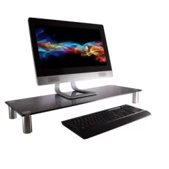 Monoprice Large Multimedia Desktop Stand - Black Glass (30.8 X 11in) Stand & Riser, Desktop TV Stand, Dual Monitors W/ Height Adjustable Legs