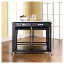 Stainless Steel Top Kitchen Cart/Island - Black With 24" Black Upholstered Saddle Stools - Crosley -Baxton Studio Store GUEST d7a2c547 e67b 455d 9c47 22aee8c3fa83