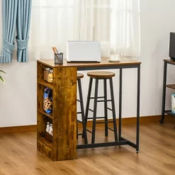 HOMCOM 3 Piece Industrial Dining Table Set, Counter Height Bar Table & Stools Set With Storage Shelf, Rustic Brown