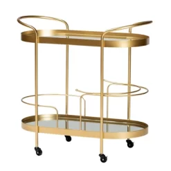 Kamal Glam Brushed Metal And Mirrored Glass 2 Tier Mobile Wine Bar Cart Gold - Baxton Studio -Baxton Studio Store GUEST de442c1b 7362 4bd1 8b2e ff4632c874fc