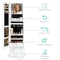 Best Choice Products 360 Swivel Standing Mirrored Jewelry Cabinet, LED-Lit Makeup Organizer W/ Mirror - White -Baxton Studio Store GUEST e6c4c665 5997 4909 90e1 bfe4b41b25f1