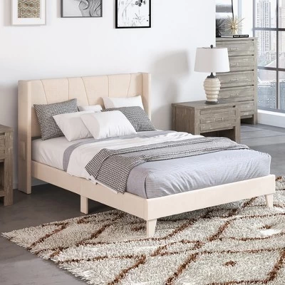 Costway Full/Queen Size Upholstered Bed Frame With Elastic Pockets Mattress Foundation Beige 5 Costway Full/Queen Size Upholstered Bed Frame With Elastic Pockets Mattress Foundation Beige - Image 3
