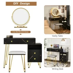 Costway Vanity Table Stool Set Dimmer LED Mirror Large Storage Cabinet Drawer Walnut BlackBrownWhite -Baxton Studio Store GUEST e851c7da 7fe3 409b 9b24 4c35fa268062