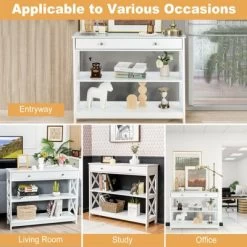 Costway 3-Tier Console Table X-Design Sofa Entryway Table With Drawer & Shelves Gray Espresso -Baxton Studio Store GUEST e8836496 07f8 4ebb 9276 5da465478a7b