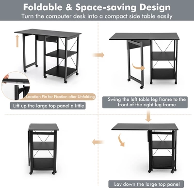 Costway Rolling Computer Desk Folding Writing Office Desk Storage Shelves Black 10 Costway Rolling Computer Desk Folding Writing Office Desk Storage Shelves Black - Image 8
