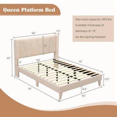 Costway Full/Queen Size Upholstered Bed Frame With Elastic Pockets Mattress Foundation Beige 4 Costway Full/Queen Size Upholstered Bed Frame With Elastic Pockets Mattress Foundation Beige - Image 2