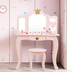 Costway Kids Makeup Dressing Table Chair Set Princess Vanity & Tri-folding Mirror -Baxton Studio Store GUEST f8895ce8 bca3 40fc 9ff5 3989b4a9ec9a