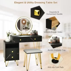 Costway Vanity Table Stool Set Dimmer LED Mirror Large Storage Cabinet Drawer Walnut BlackBrownWhite -Baxton Studio Store GUEST faa2c5e9 3f12 408f 9652 b7523a97645a