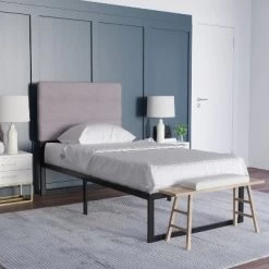 Emma And Oliver Modern Upholstered Headboard With Horizontal Line Stitching And Adjustable Height Rails