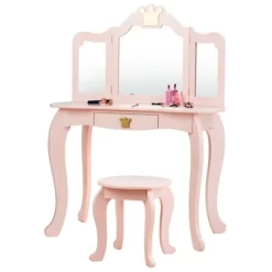 Costway Kids Makeup Dressing Table Chair Set Princess Vanity & Tri-folding Mirror -Baxton Studio Store GUEST ffe0658f 6a08 4861 b745 2d750a7a2aa2
